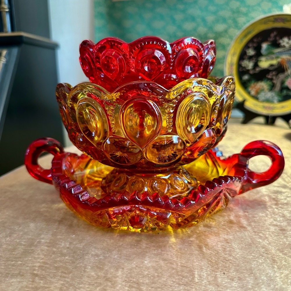 Set of 3 L.E.Smith Ambrina Red&Yellow Glass Bowls